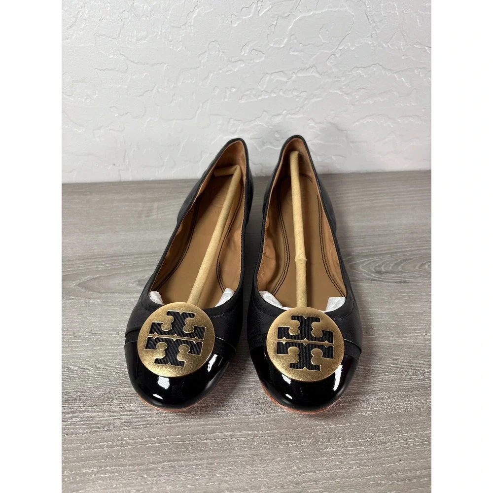 Tory Burch Minnie Cap Toe Ballet Flat Perfect Black Leather Gold Logo Size US 6M